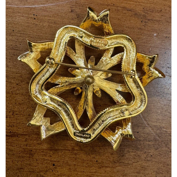 Nolan Miller Orange Enamel & Crystal Floral Flower Pin Brooch Gold Tone 2.5" - Picture 2 of 5